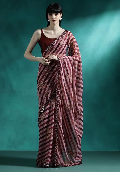 Wine Embroidered Georgette Saree Set