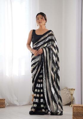 Black Sequin Work Georgette Saree Set