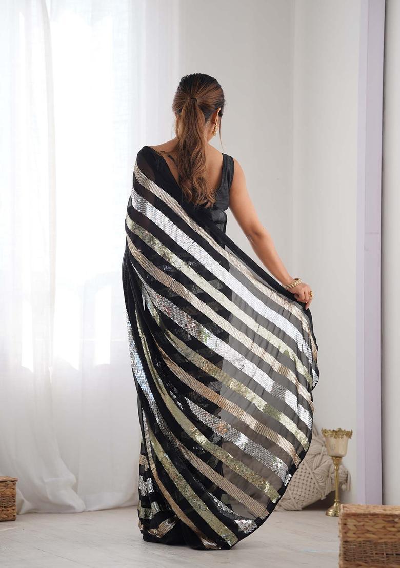 Black Sequin Work Georgette Saree Set - Indya