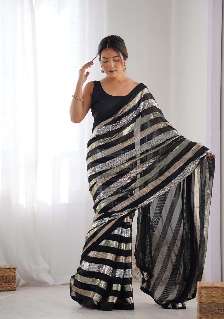 Black Sequin Work Georgette Saree Set - Indya