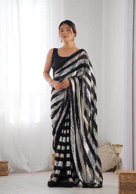Black Sequin Work Georgette Saree Set