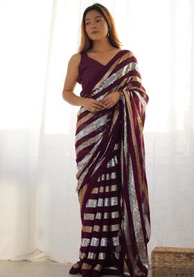 Wine Sequin Work Georgette Saree Set