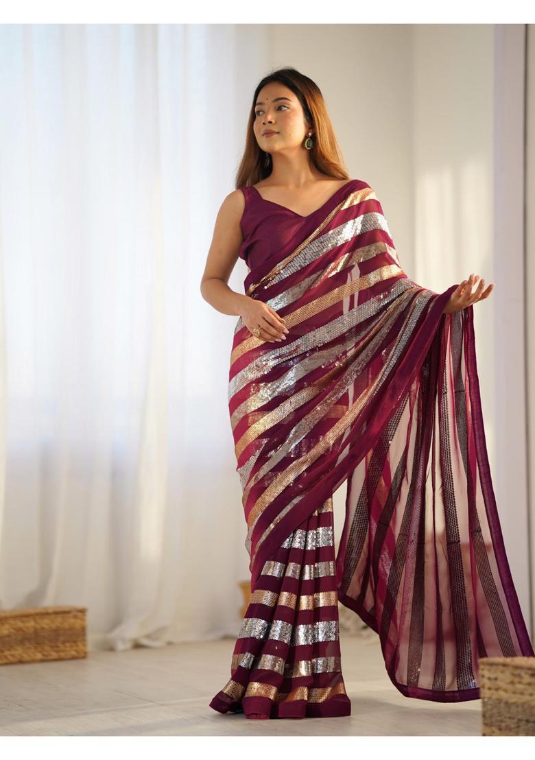 Wine Sequin Work Georgette Saree Set - Indya