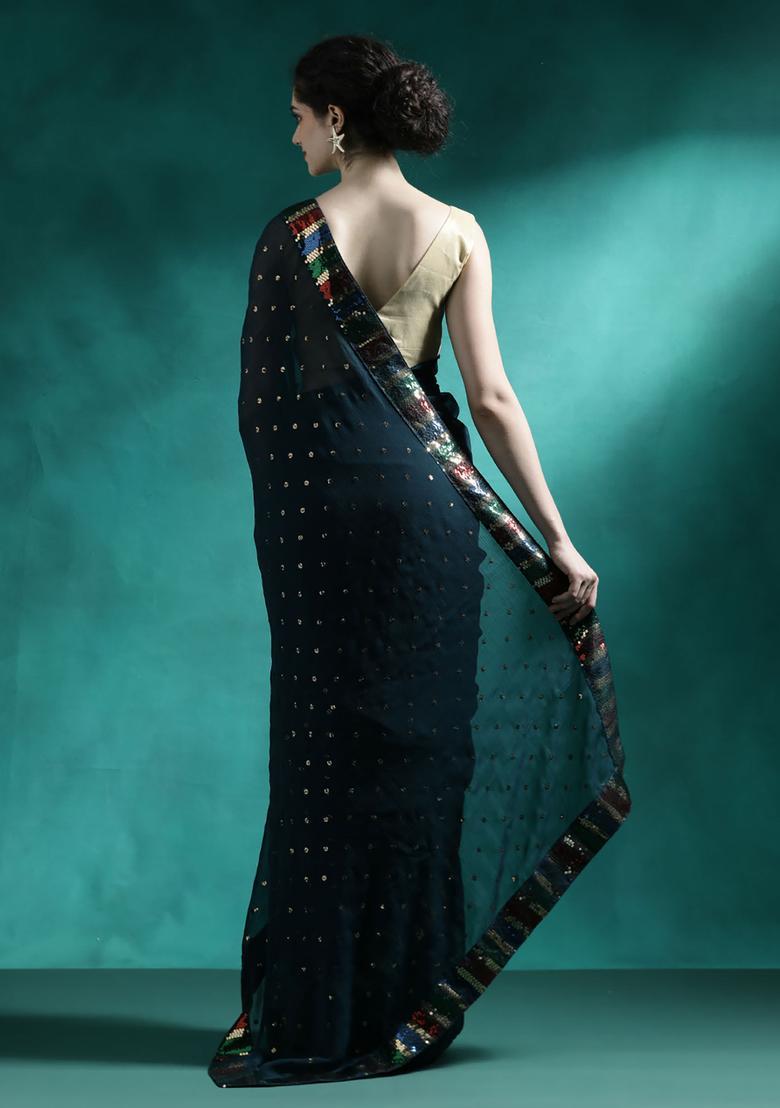 Teal Embroidered Georgette Saree Set - Indya