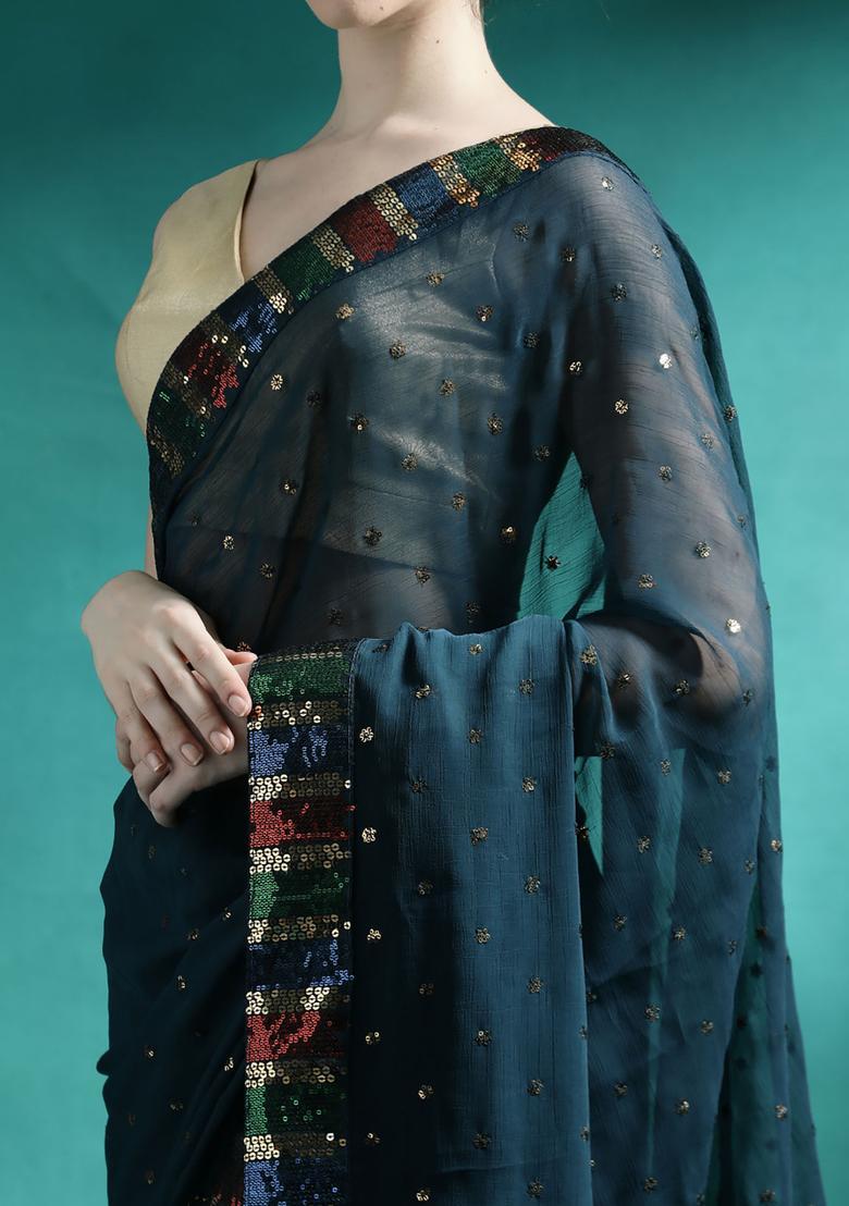 Teal Embroidered Georgette Saree Set - Indya