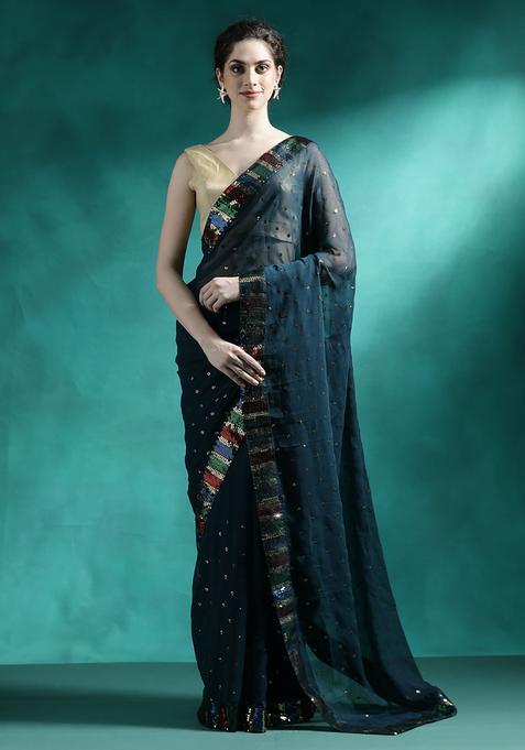 Teal Embroidered Georgette Saree Set