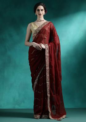 Maroon Embroidered Georgette Saree Set