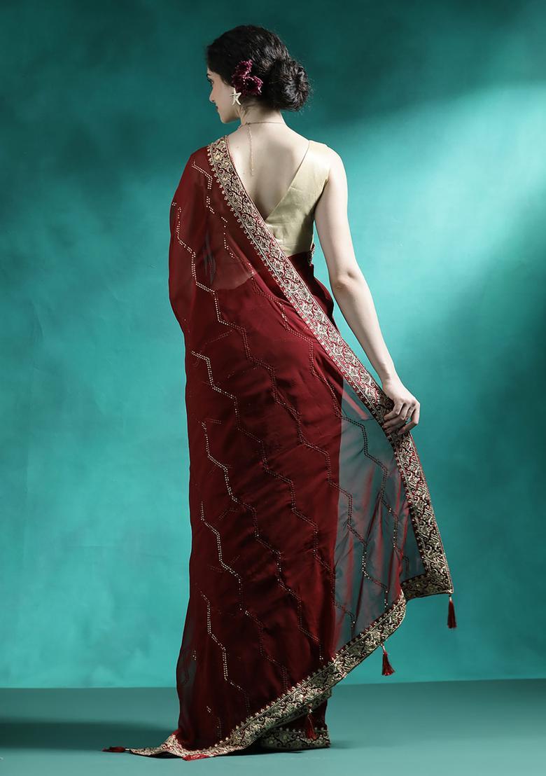 Maroon Embroidered Georgette Saree Set - Indya