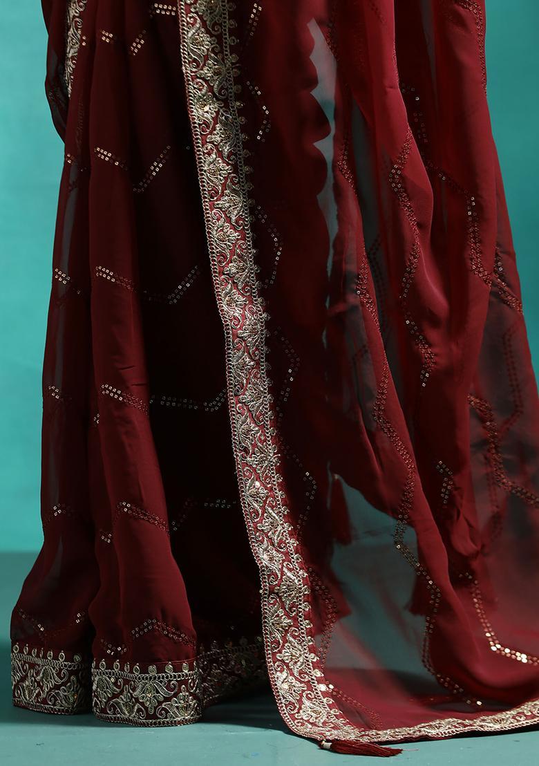 Maroon Embroidered Georgette Saree Set - Indya