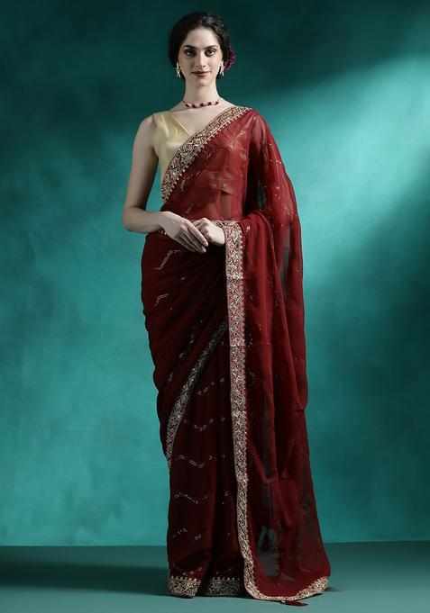 Maroon Embroidered Georgette Saree Set