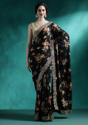 Black Floral Print Georgette Saree Set