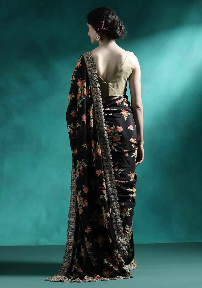Black Floral Print Georgette Saree Set - Indya