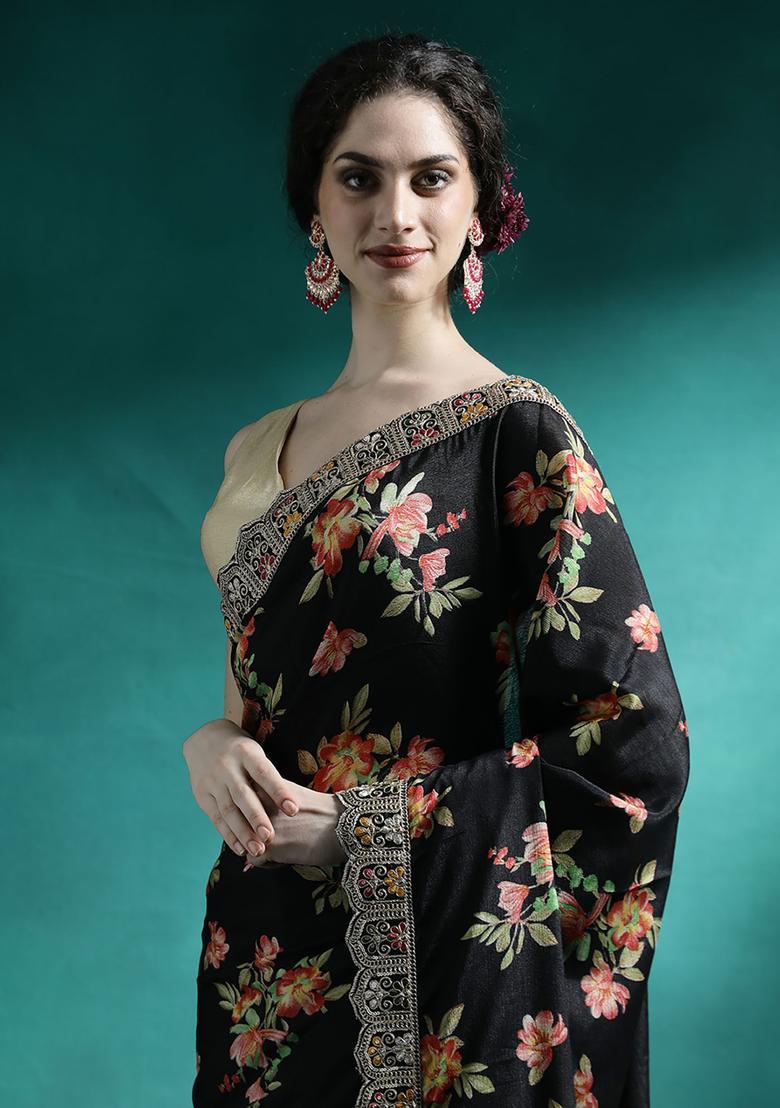 Black Floral Print Georgette Saree Set - Indya