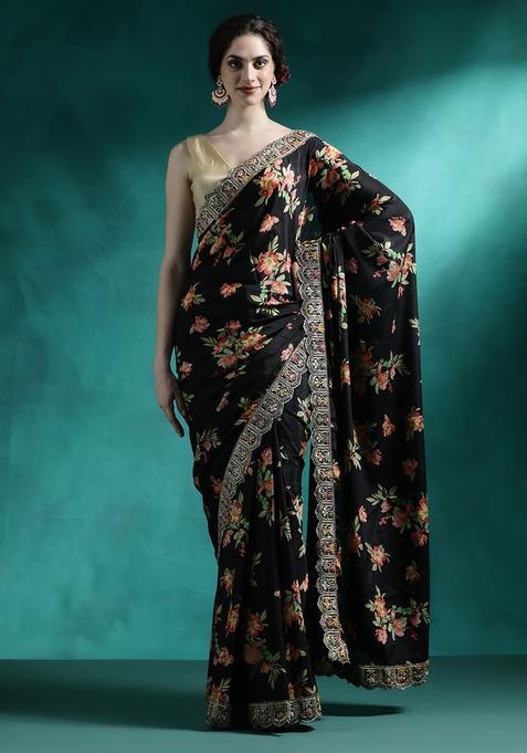 Black Floral Print Georgette Saree Set