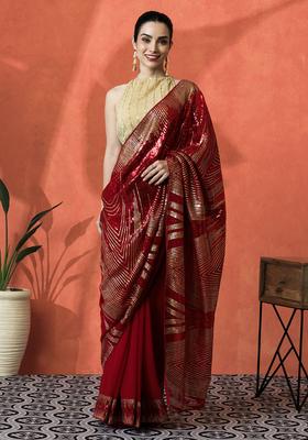 Red Sequin Work Georgette Saree Set