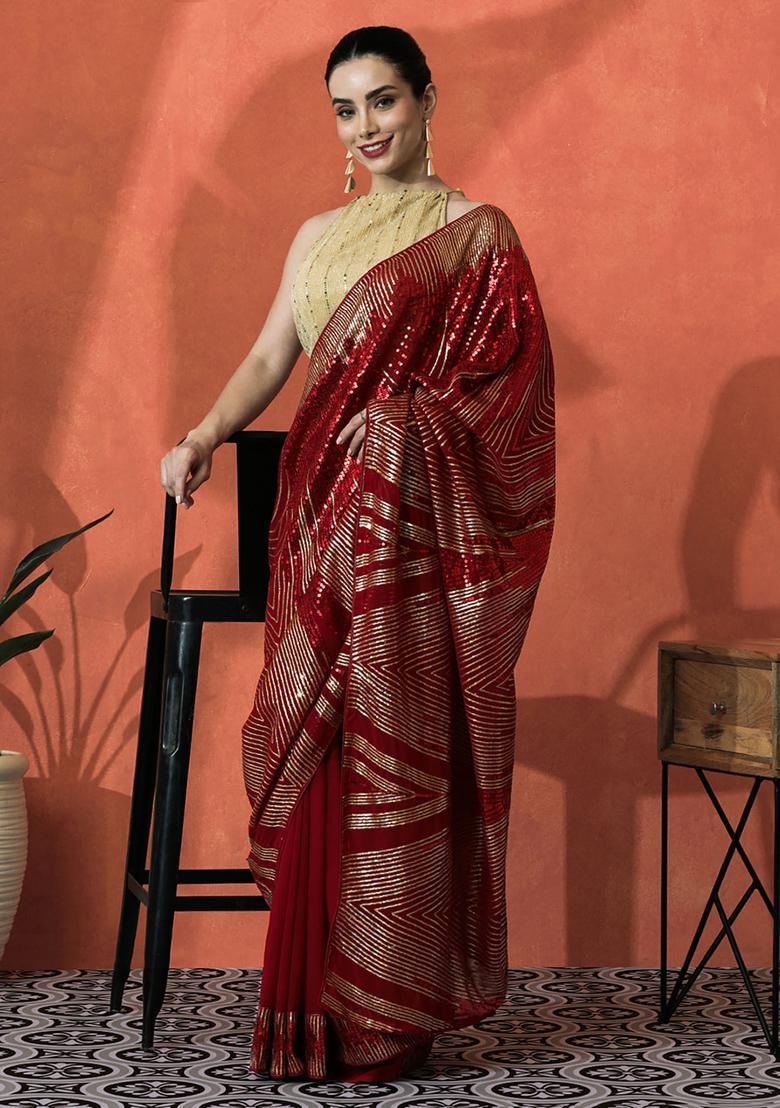 Red Sequin Work Georgette Saree Set - Indya