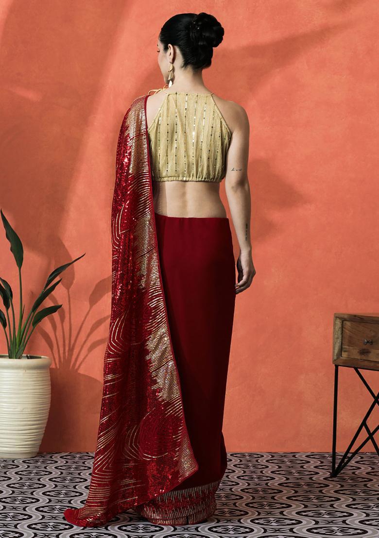 Red Sequin Work Georgette Saree Set - Indya