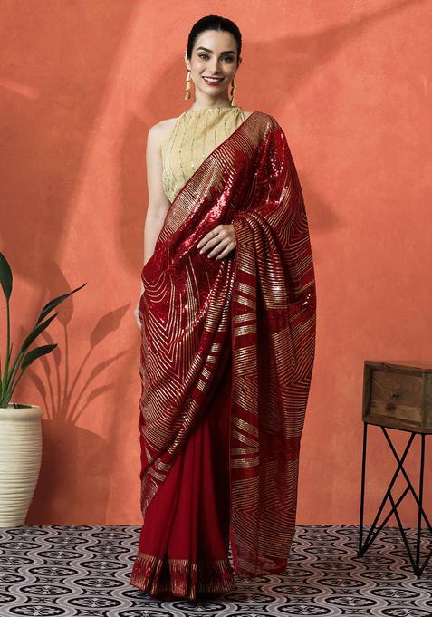 Red Sequin Work Georgette Saree Set