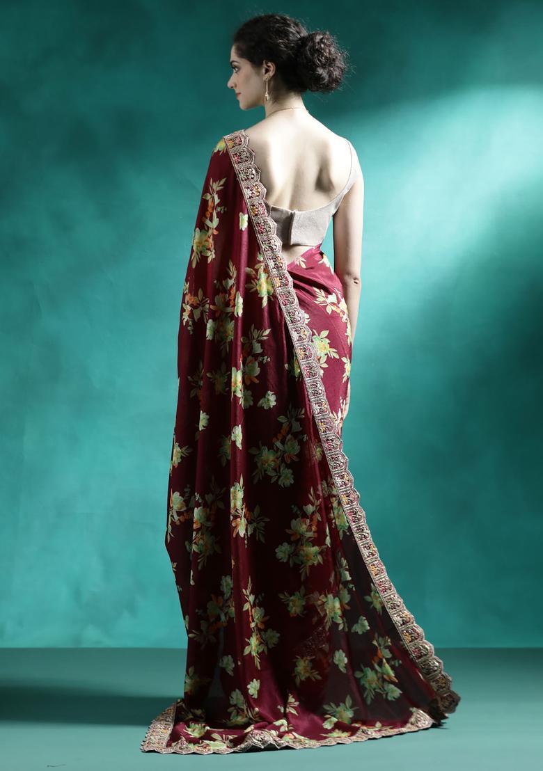 Maroon Floral Print Georgette Saree Set - Indya