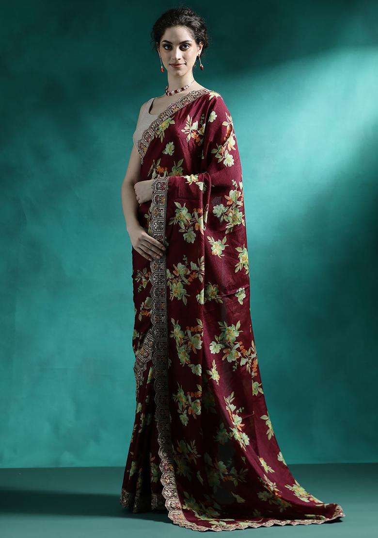 Maroon Floral Print Georgette Saree Set for Diwali and Festive Wear - Indya