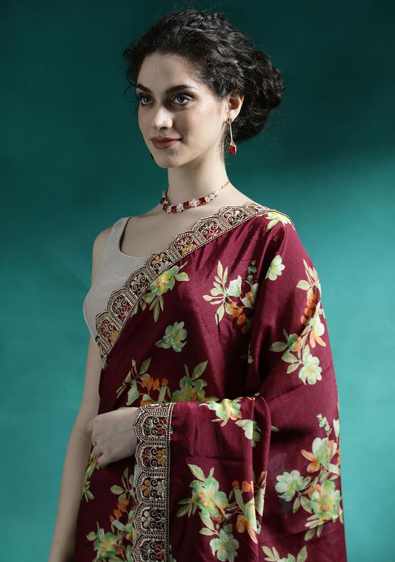 Maroon Floral Print Georgette Saree Set - Indya