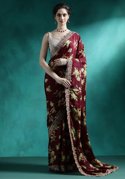 Maroon Floral Print Georgette Saree Set