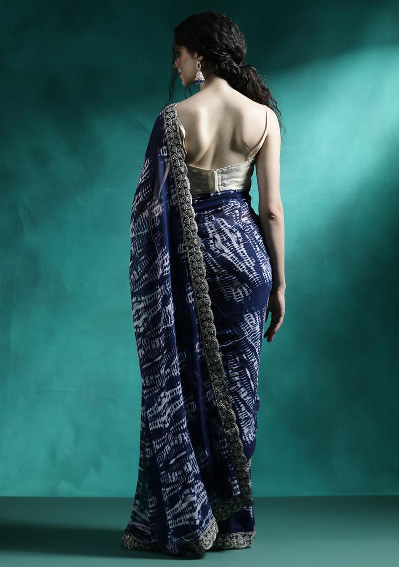Navy Blue Printed Georgette Saree Set - Indya