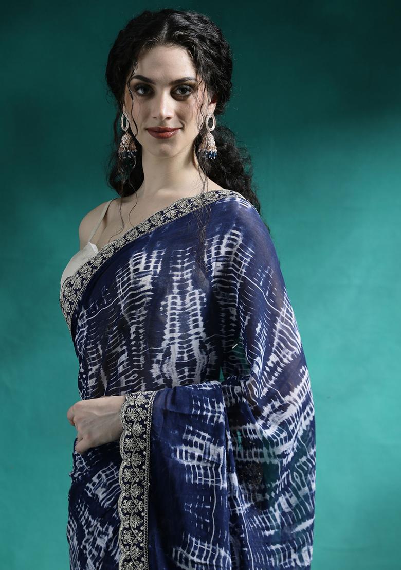 Navy Blue Printed Georgette Saree Set - Indya