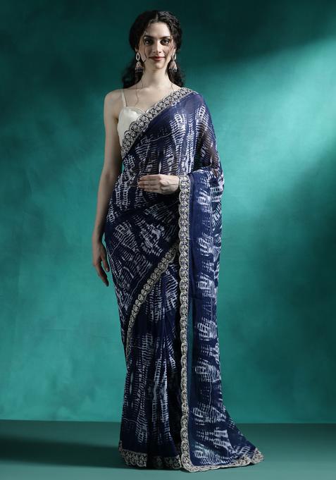 Navy Blue Printed Georgette Saree Set