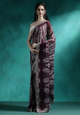 Wine Printed Georgette Saree Set