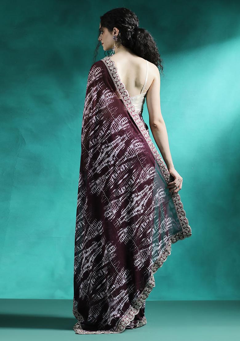Wine Printed Georgette Saree Set - Indya