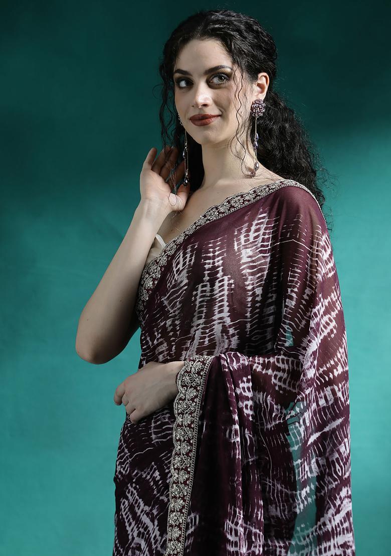 Wine Printed Georgette Saree Set - Indya