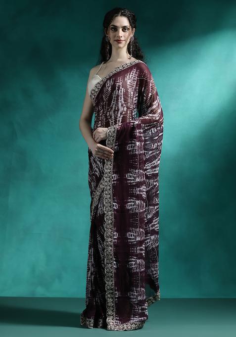 Wine Printed Georgette Saree Set