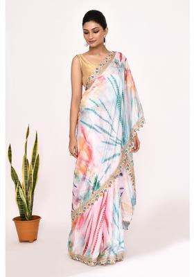 White Embroidered Chinon Saree Set