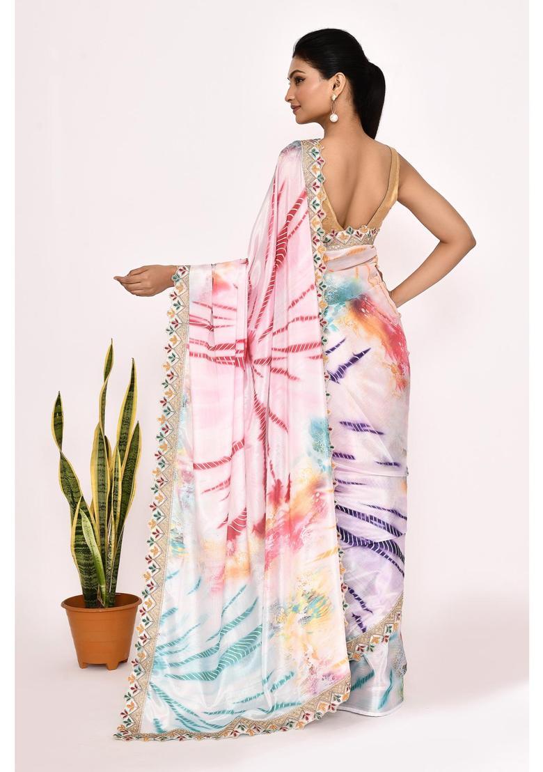 White Embroidered Chinon Saree Set - Indya