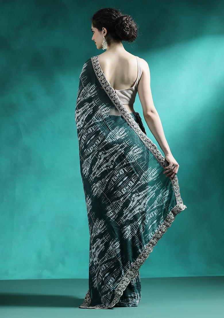 Green Printed Georgette Saree Set - Indya