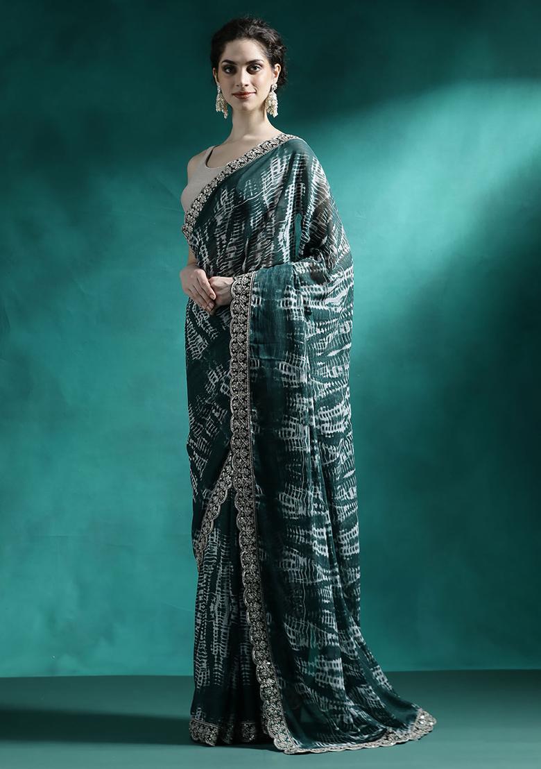 Green Printed Georgette Saree Set - Indya