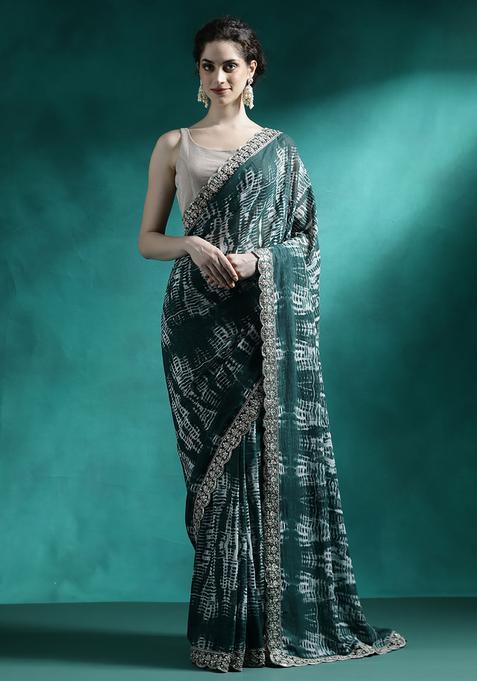 Green Printed Georgette Saree Set