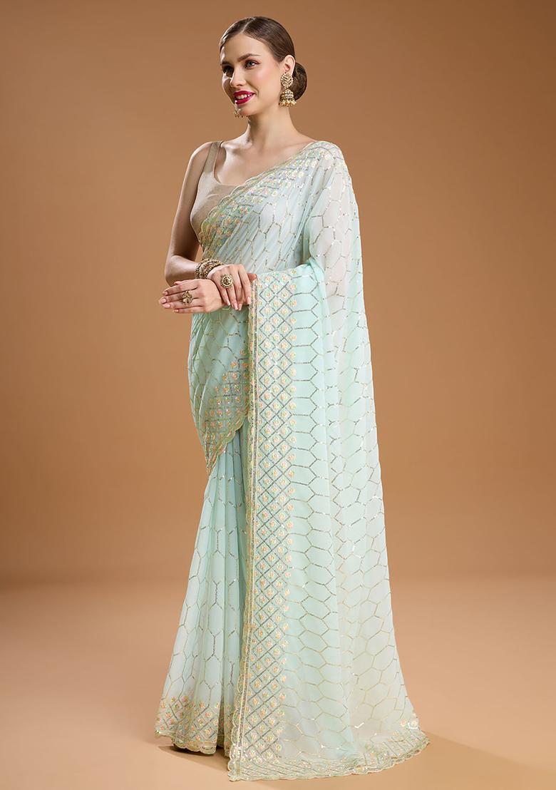 Blue Embroidered Georgette Saree Set - Indya