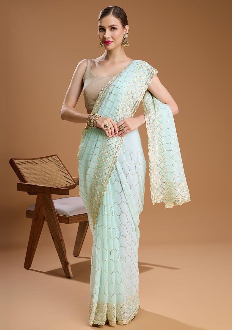 Blue Embroidered Georgette Saree Set - Indya