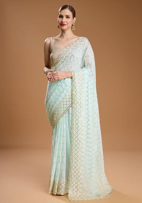 Blue Embroidered Georgette Saree Set