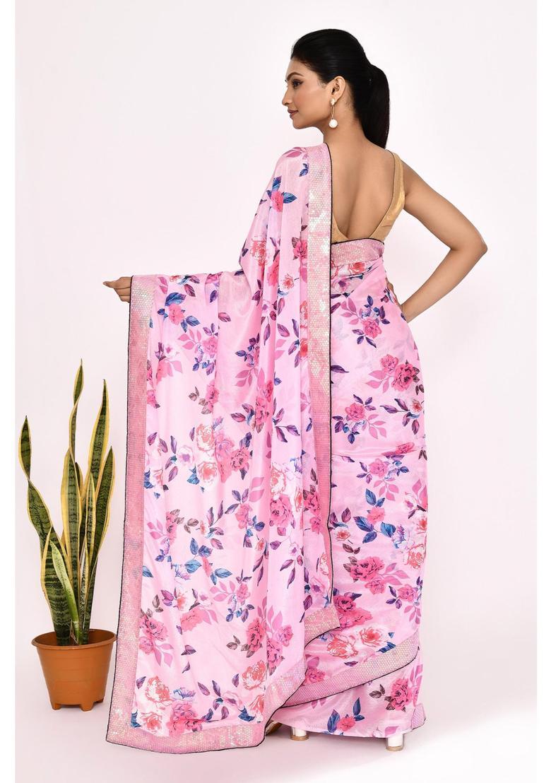 Pink Floral Print Chinon Saree Set - Indya