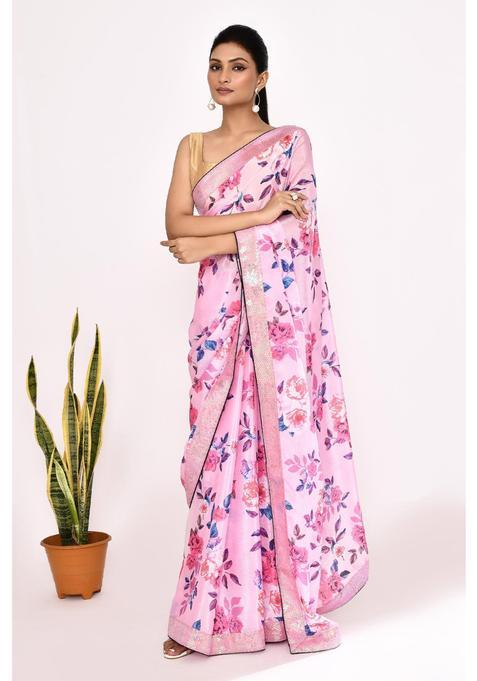Pink Floral Print Chinon Saree Set