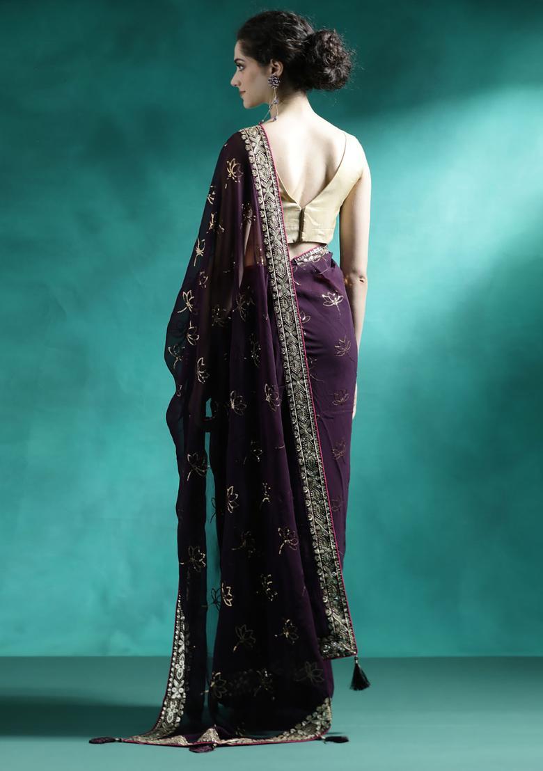 Purple Embroidered Georgette Saree Set - Indya