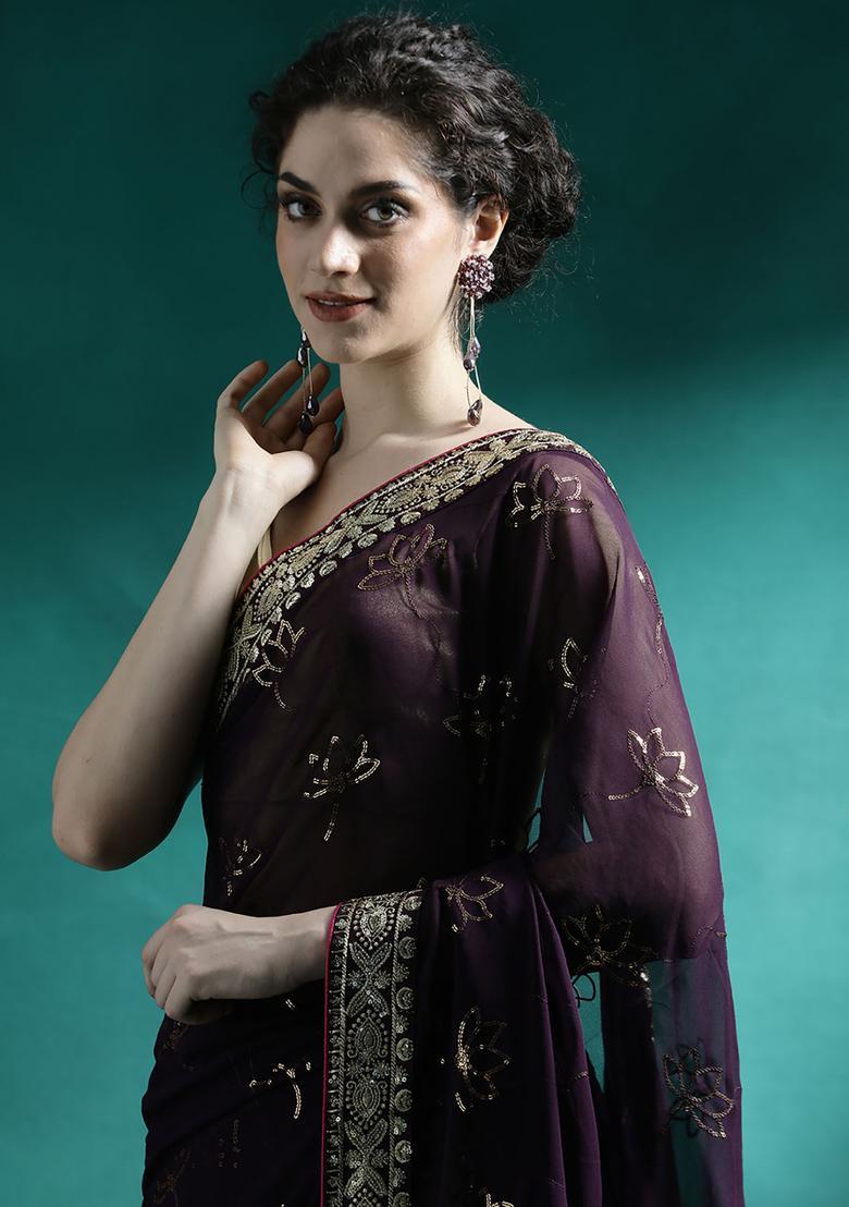 Purple Embroidered Georgette Saree Set - Indya