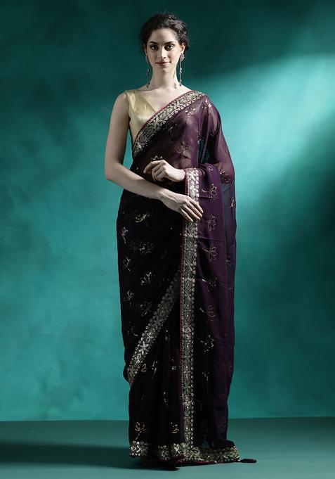 Purple Embroidered Georgette Saree Set