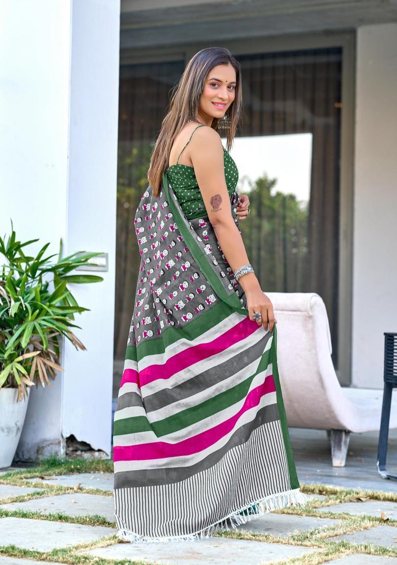 Grey Printed Cotton Saree Set - Indya