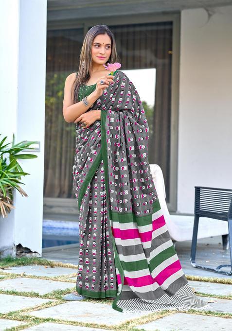 Grey Printed Cotton Saree Set