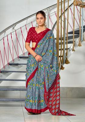 Grey Printed Cotton Saree Set