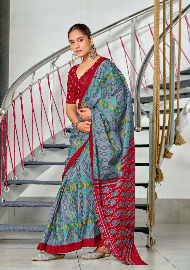 Grey Printed Cotton Saree Set - Indya